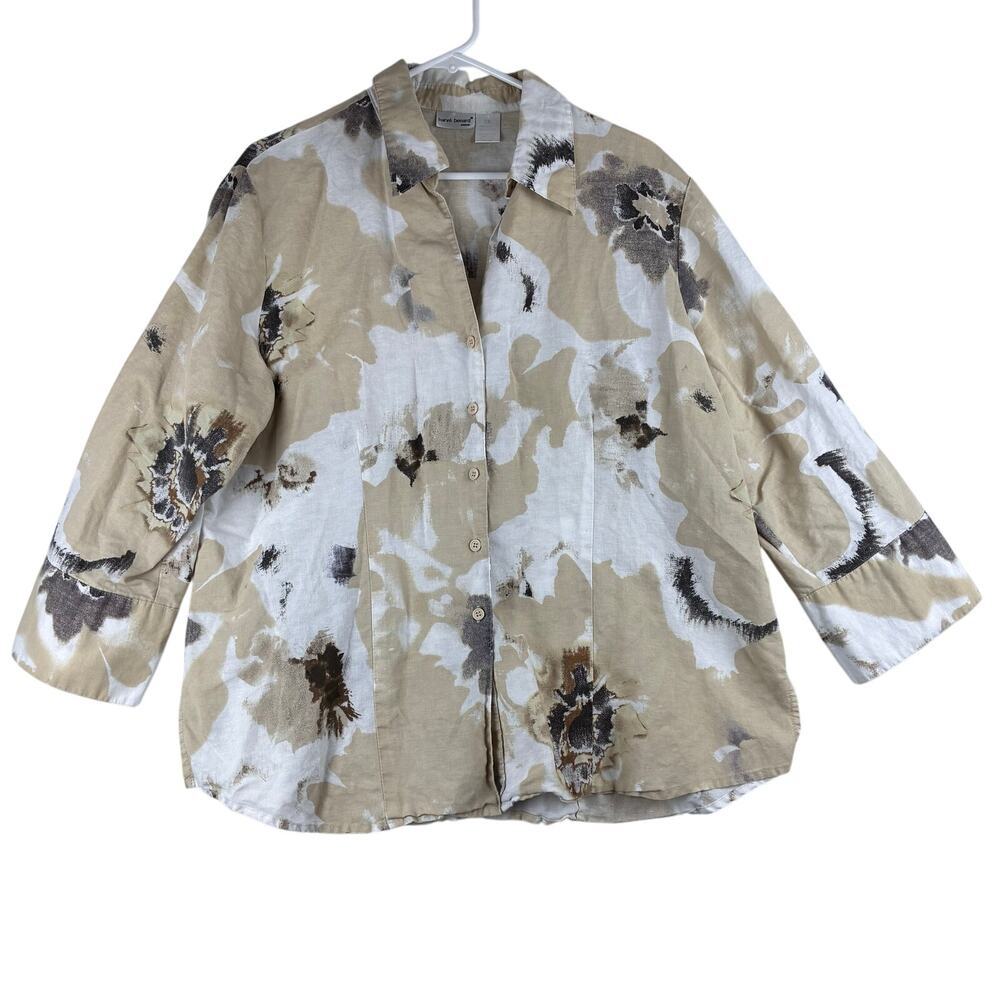 Harve Benard Linen Cotton Button Up Blouse Women's 2X Floral Beige V Neck Coast